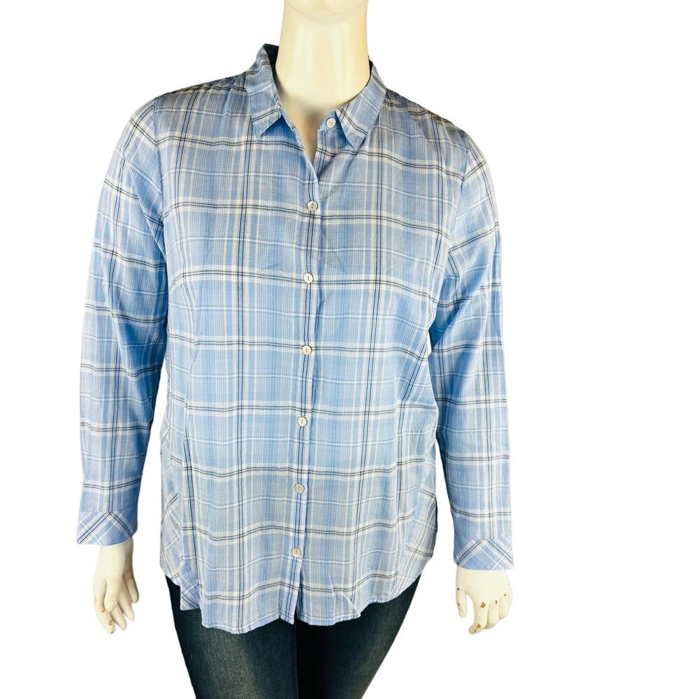 New J. Jill Womans Sz Large Blouse Blue Plaid Long Sleeve Shirt Tail Button NWT